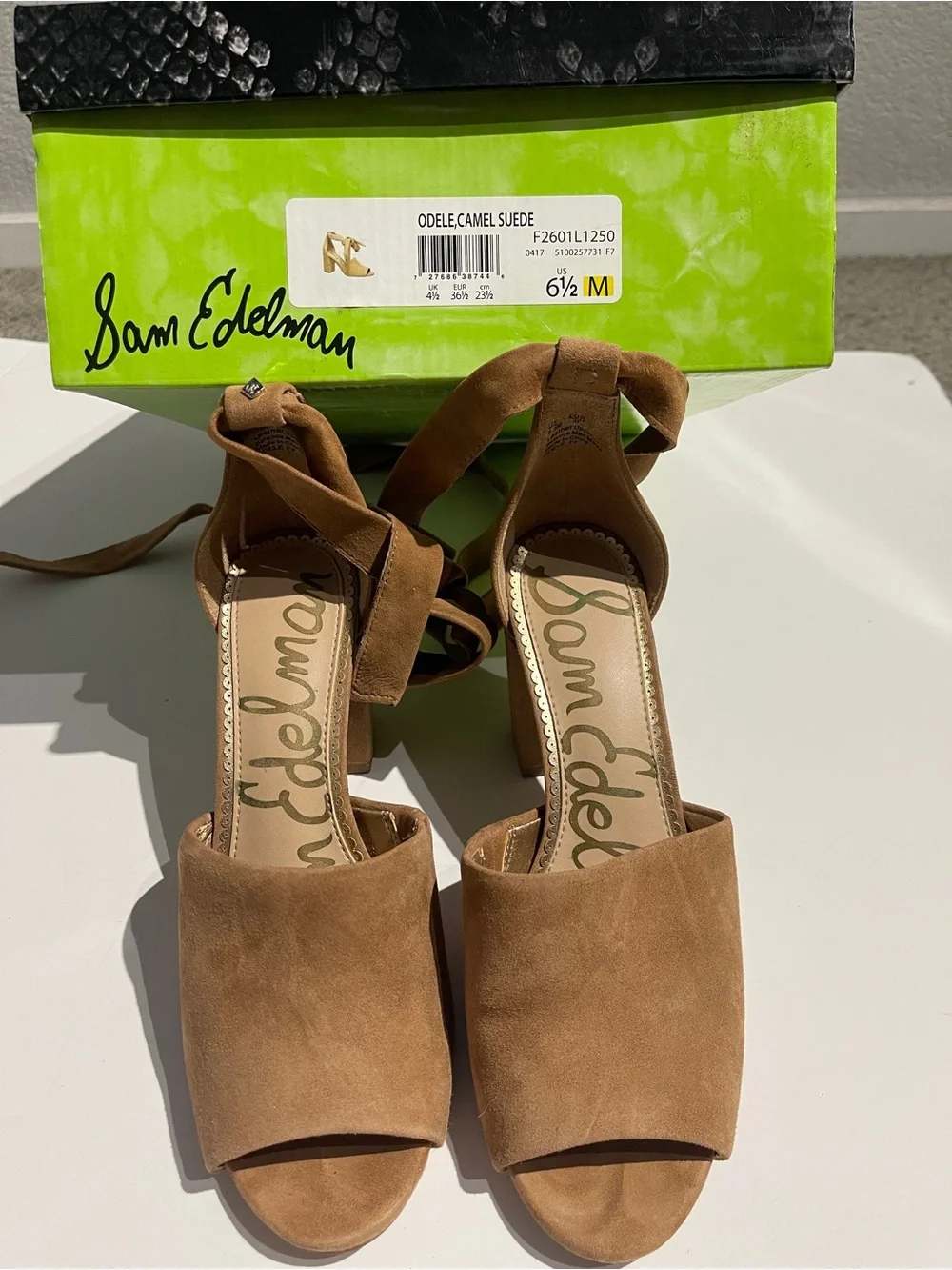 Sam Edelman Tan Suede Ankle-Tie Block Heels
